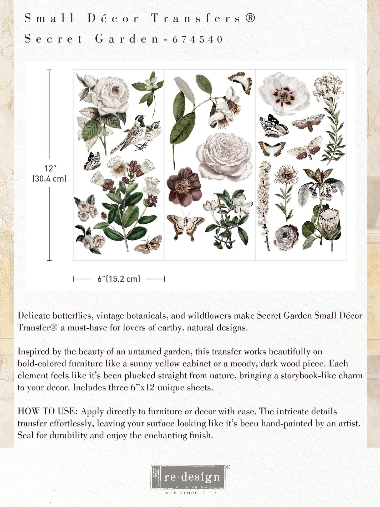 Mini Decor Transfers® - Secret Garden | 3 sheets, 6” x 12” | Redesign with Prima