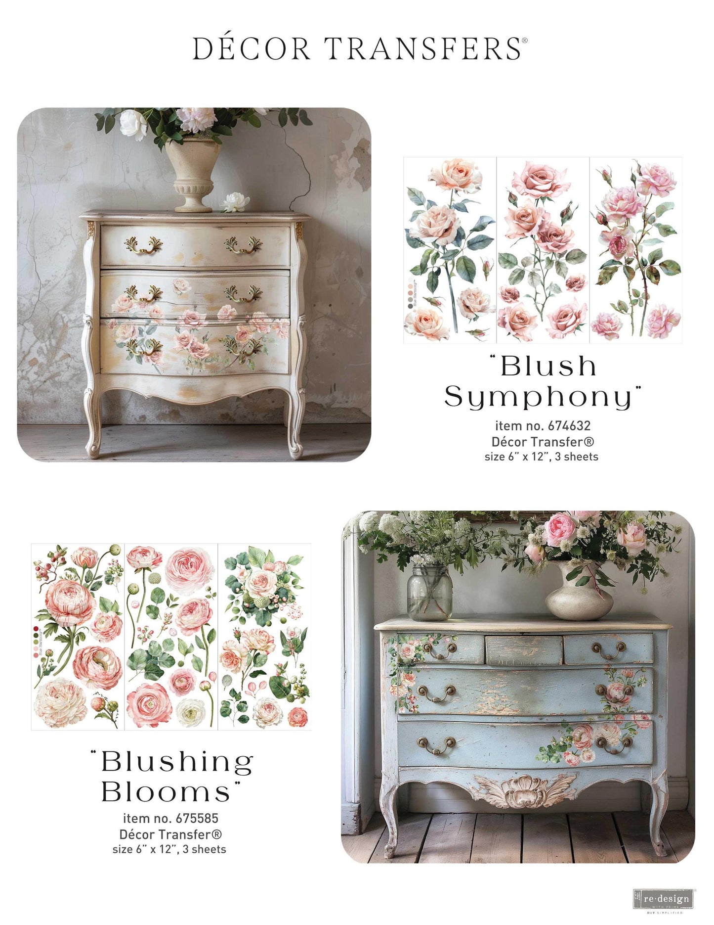 Mini Decor Transfers® - Blushing Blooms | 3 sheets, 6” x 12” | Redesign with Prima