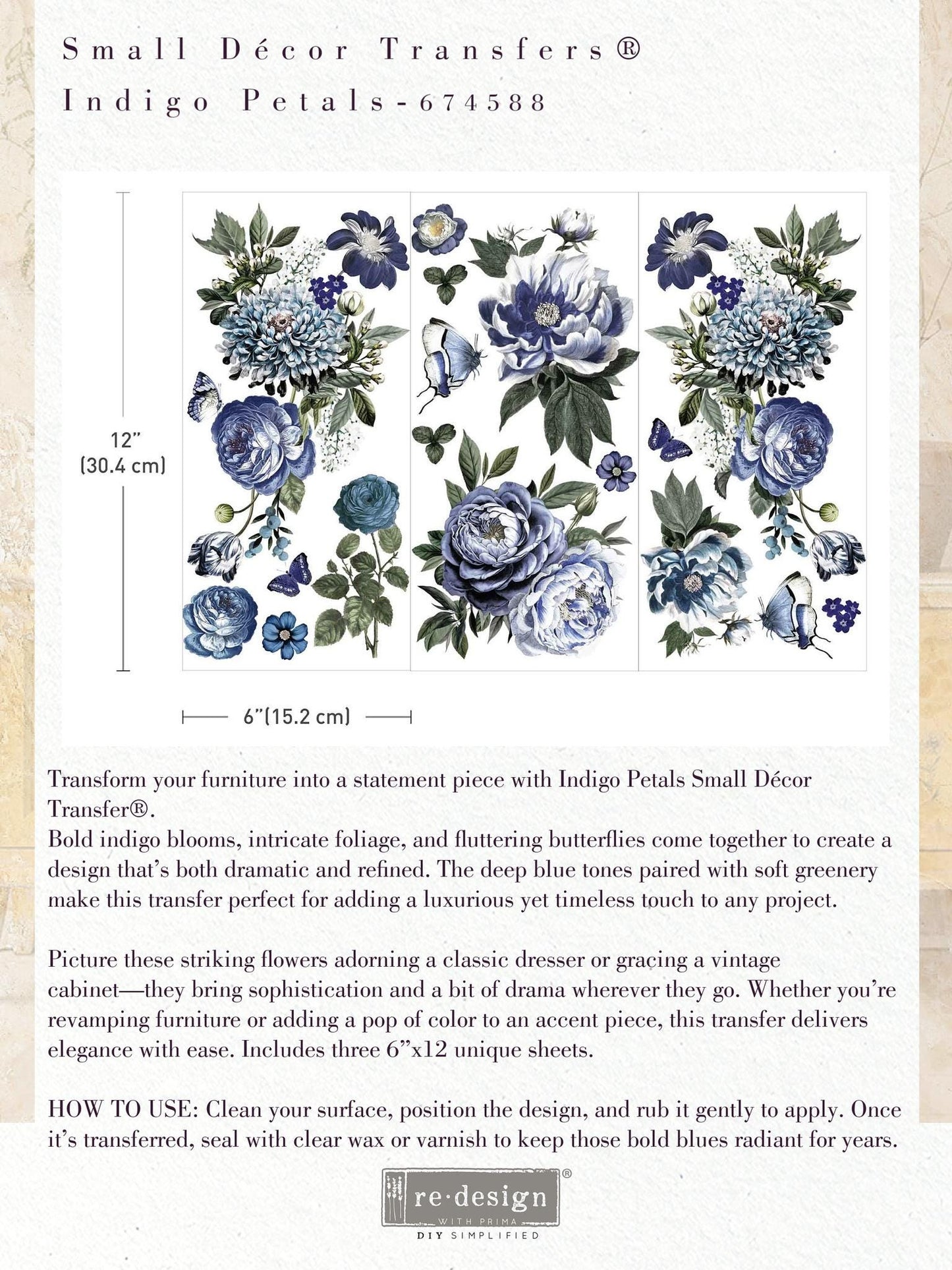 Mini Decor Transfers® - Indigo Petals | 6” x 12” | Redesign with Prima