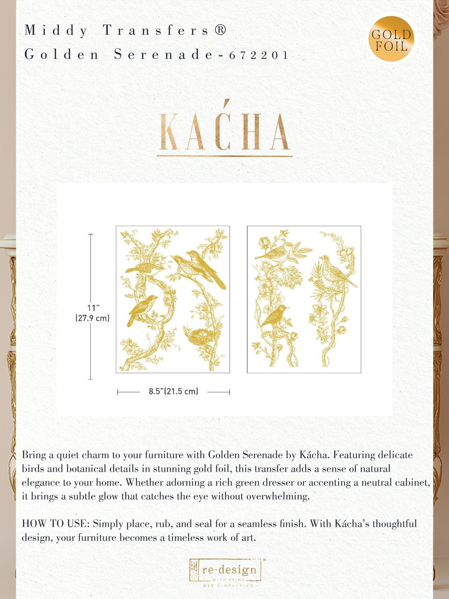 Middy Decor Transfers® - Golden Serenade Foil | Kacha | 2 sheets, 8.5”x11” | Redesign with Prima