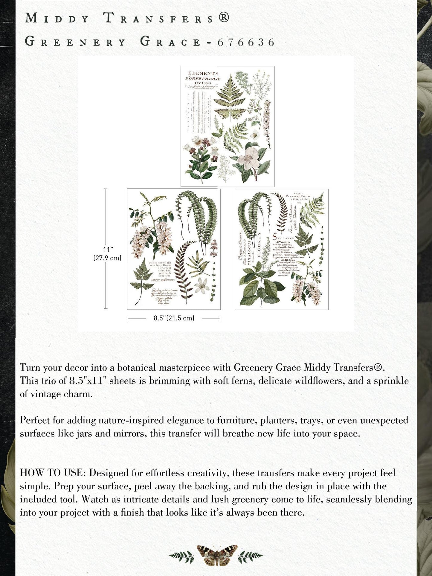 Middy Decor Transfers® - Greenery Grace  | 3 sheets, 8.5 x 11” | Redesign with Prima