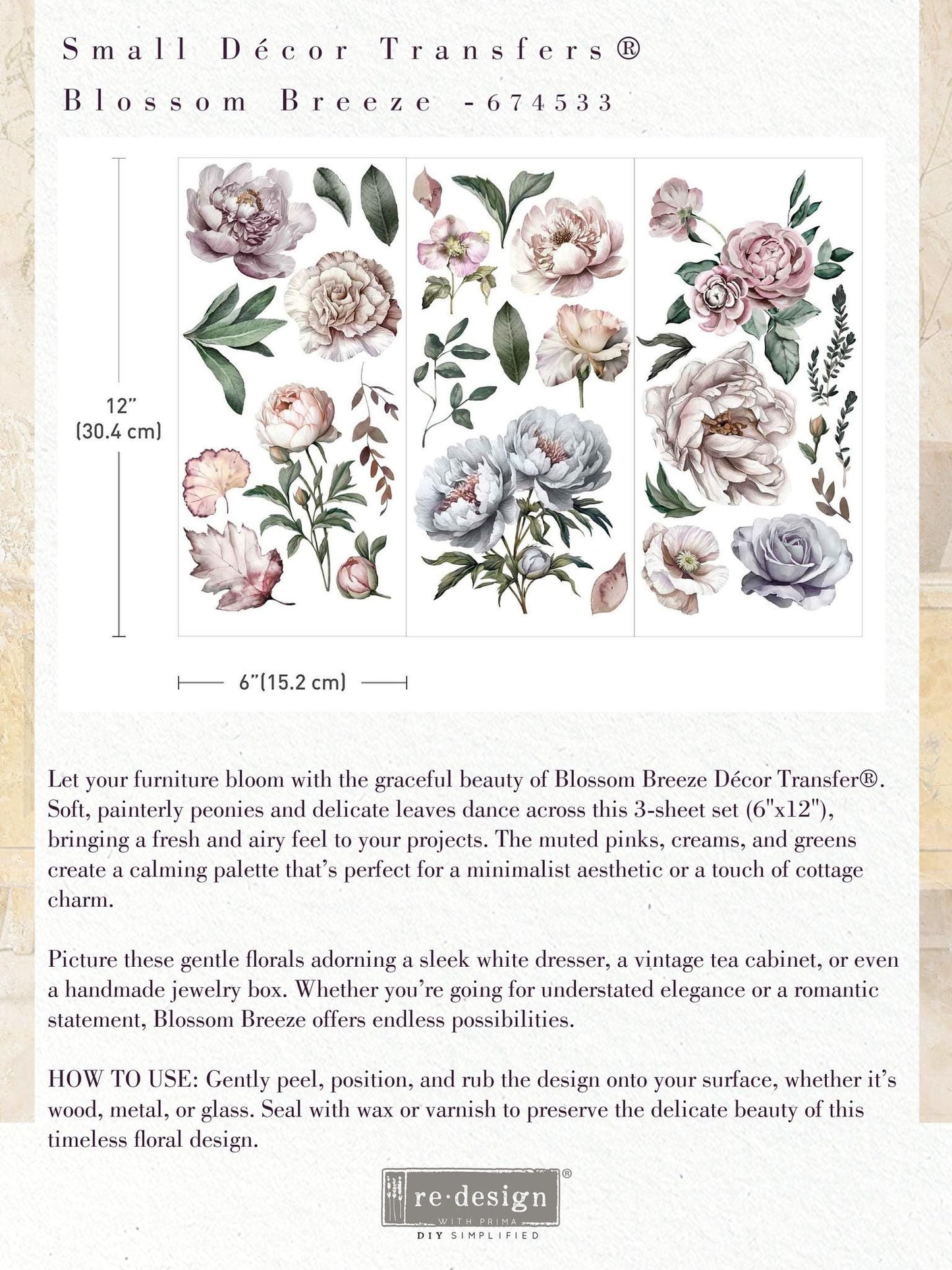 Mini Decor Transfers® - Blossom Breeze | 3 sheets, 6” x 12” | Redesign with Prima