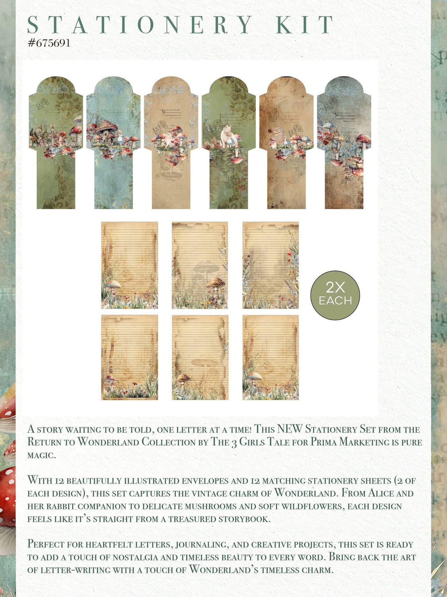 Return To Wonderland Collection Postcards - 12 envelopes, 12 pcs stationery X 2 | Prima Marketing Inc.