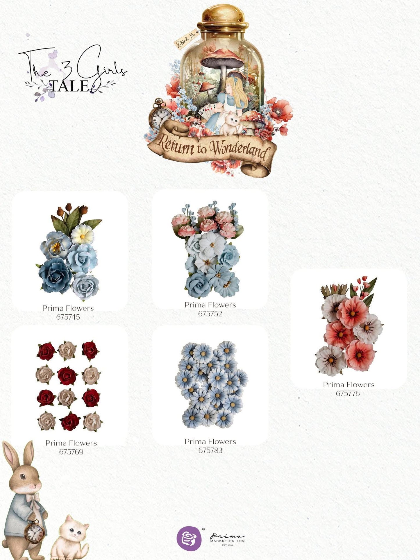 Return To Wonderland Collection Flowers - Alice's Dream, 8 pcs| Three Girls Tale | Prima Marketing Inc.