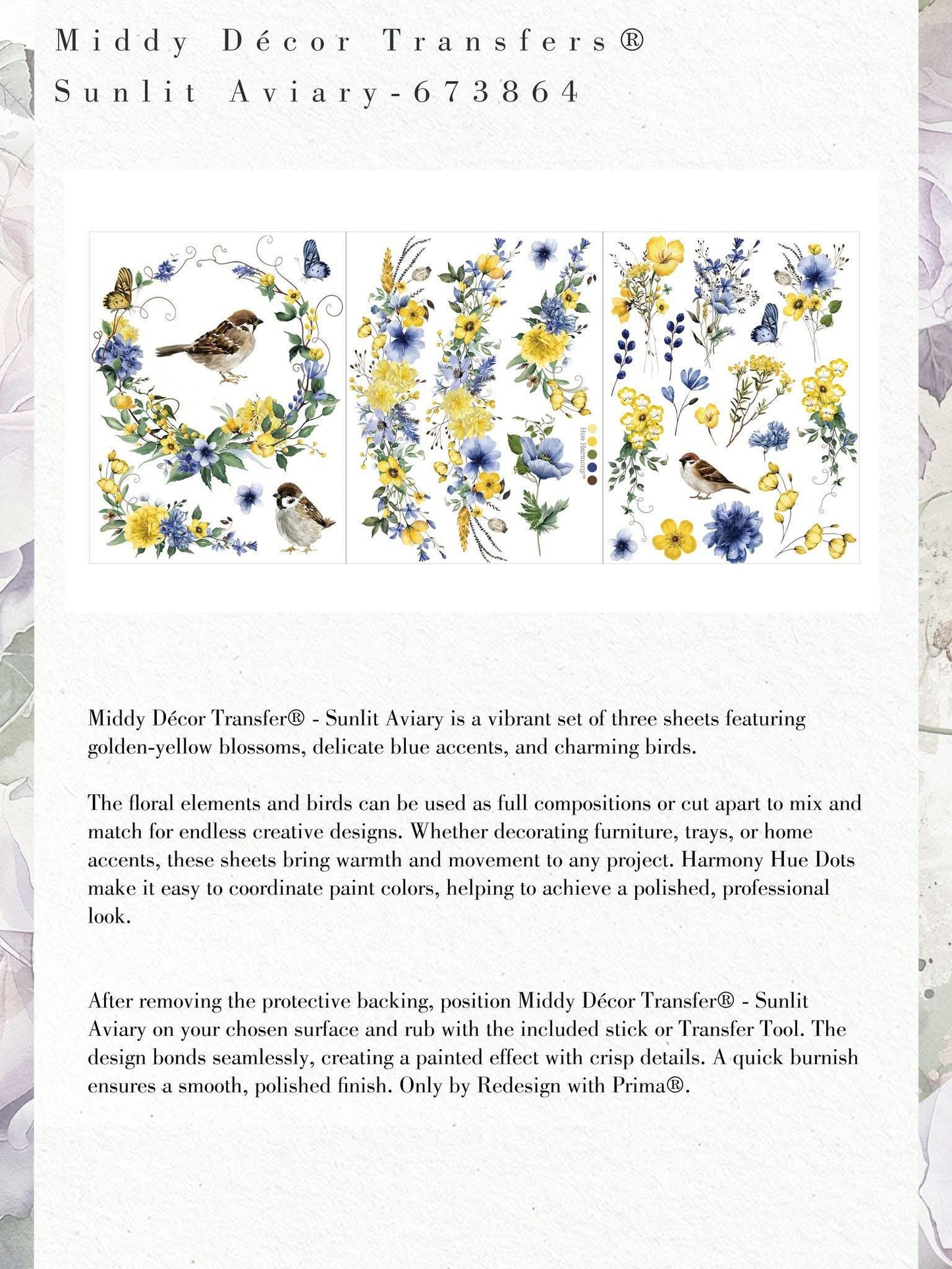 Middy Decor Transfers® - Sunlit Aviary | 3 sheets, 8.5”x11” | Redesign with Prima