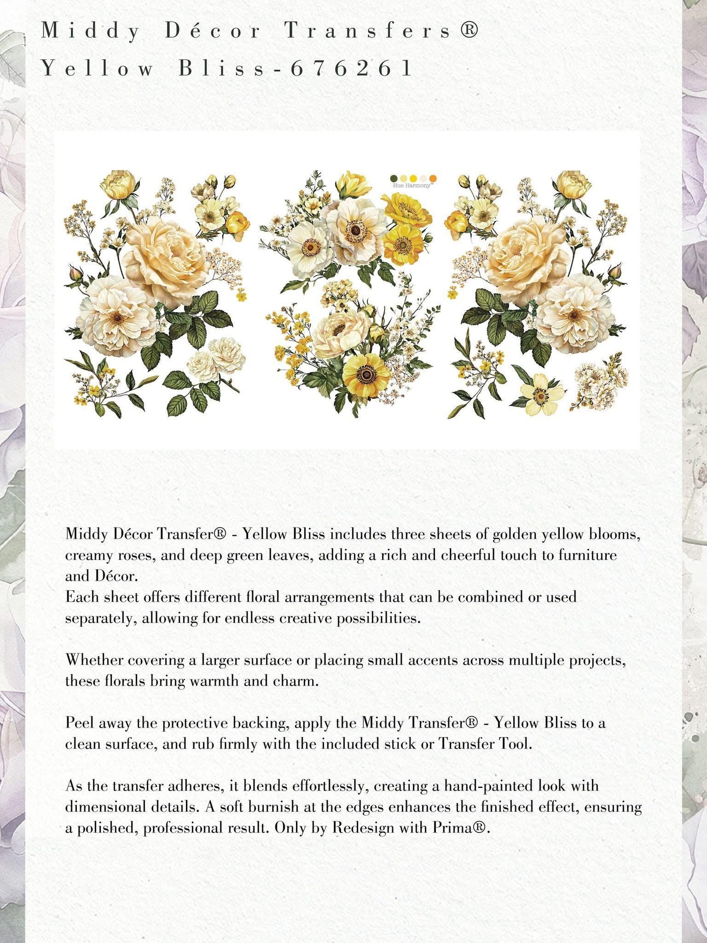 Middy Decor Transfers® - Yellow Bliss  | 3 sheets, 8.5”x11” | Redesign with Prima®