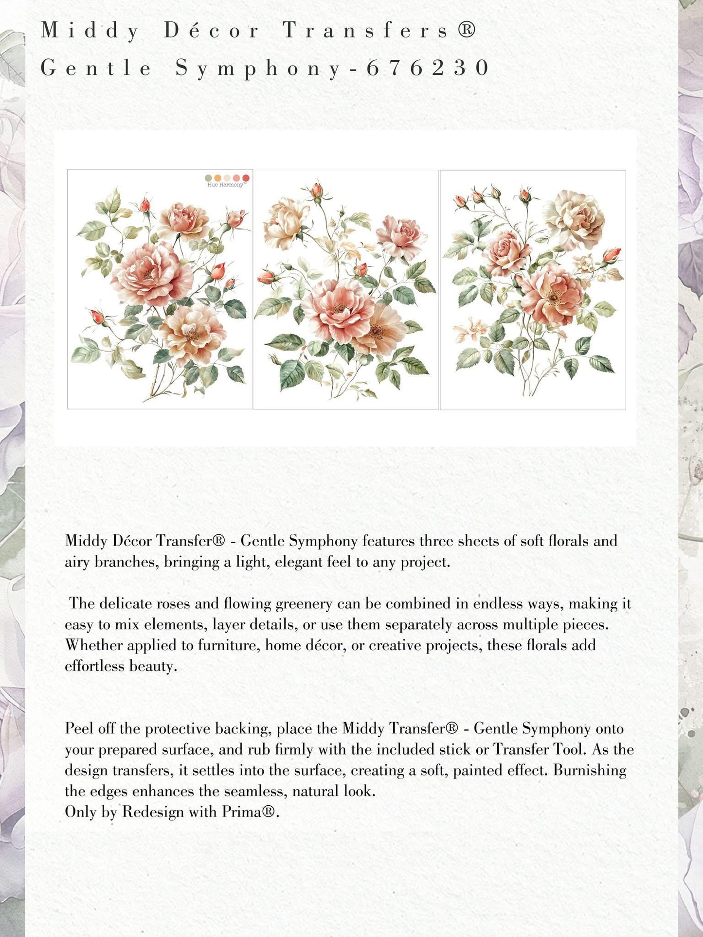 Middy Decor Transfers® - Gentle Symphony  | 3 sheets, 8.5”x11” | Re•design with Prima®