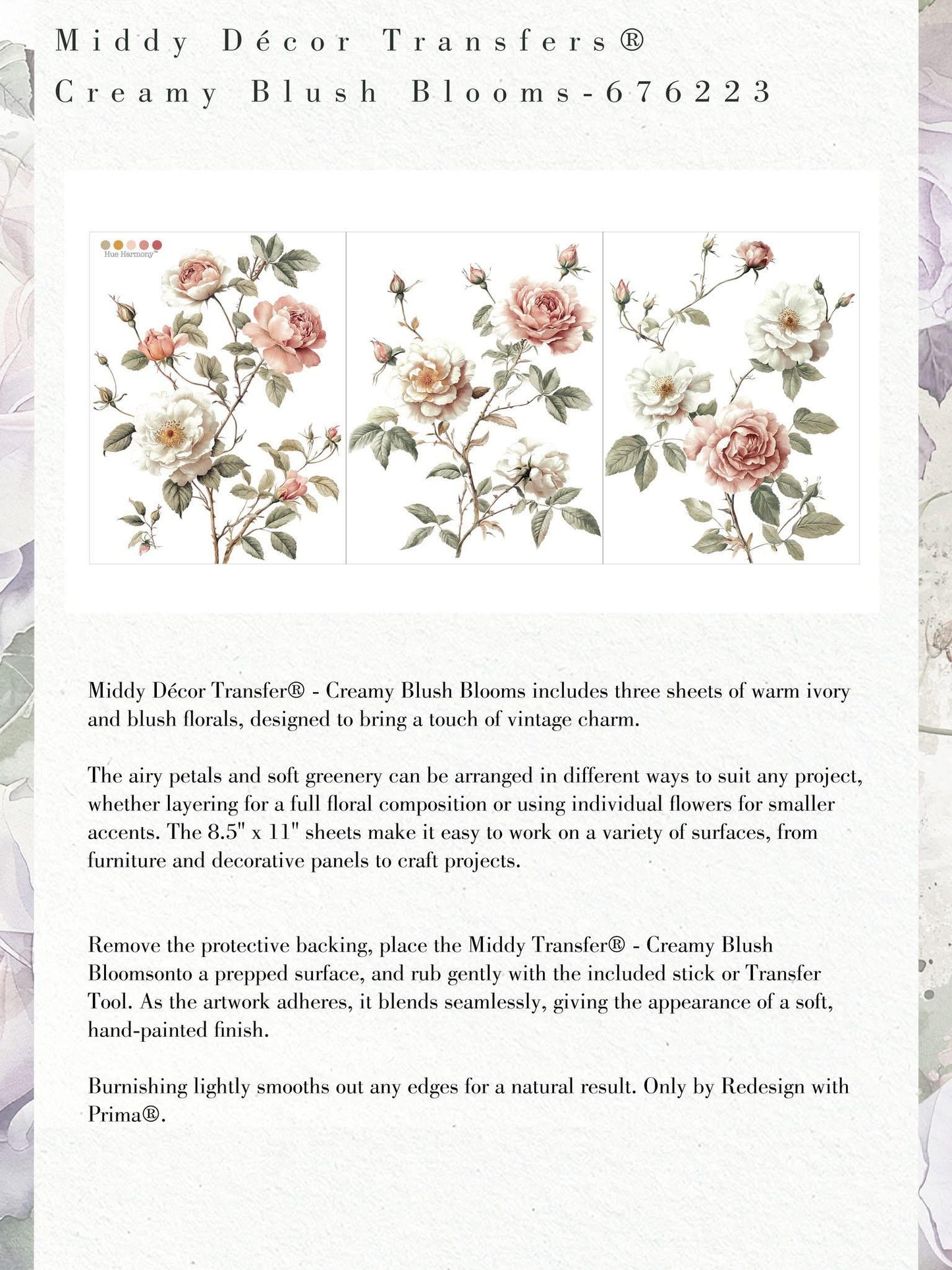 Middy Decor Transfers® - Creamy Blush Blossoms | 3 sheets, 8.5”x11” | Redesign with Prima®