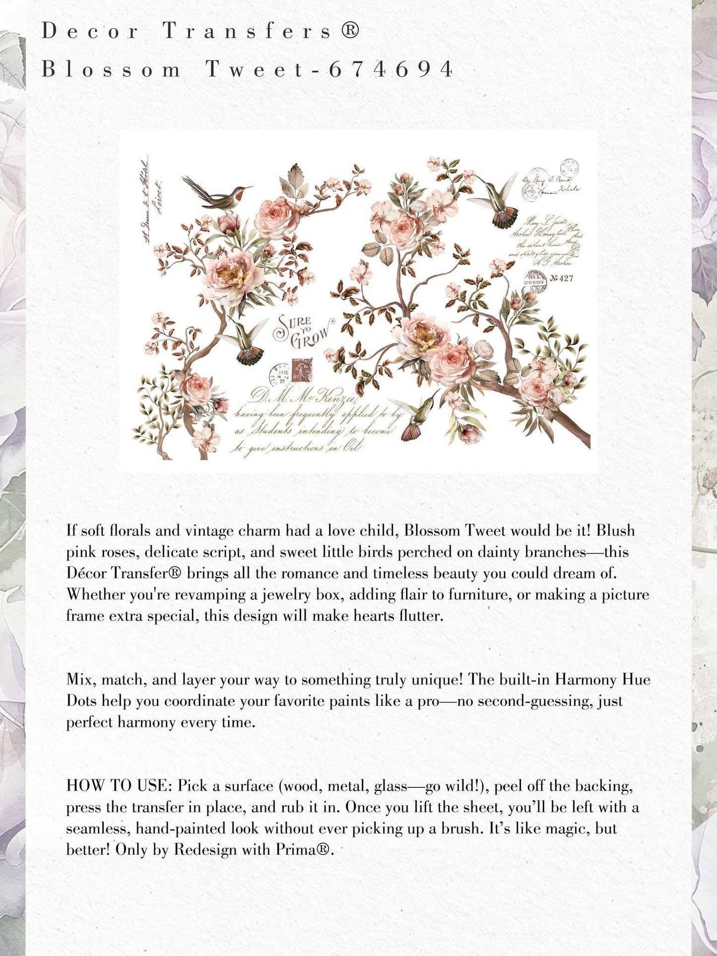 Large Decor Transfers® - Blossom Tweet | 4 sheets, 24”x35” | Redesign with Prima