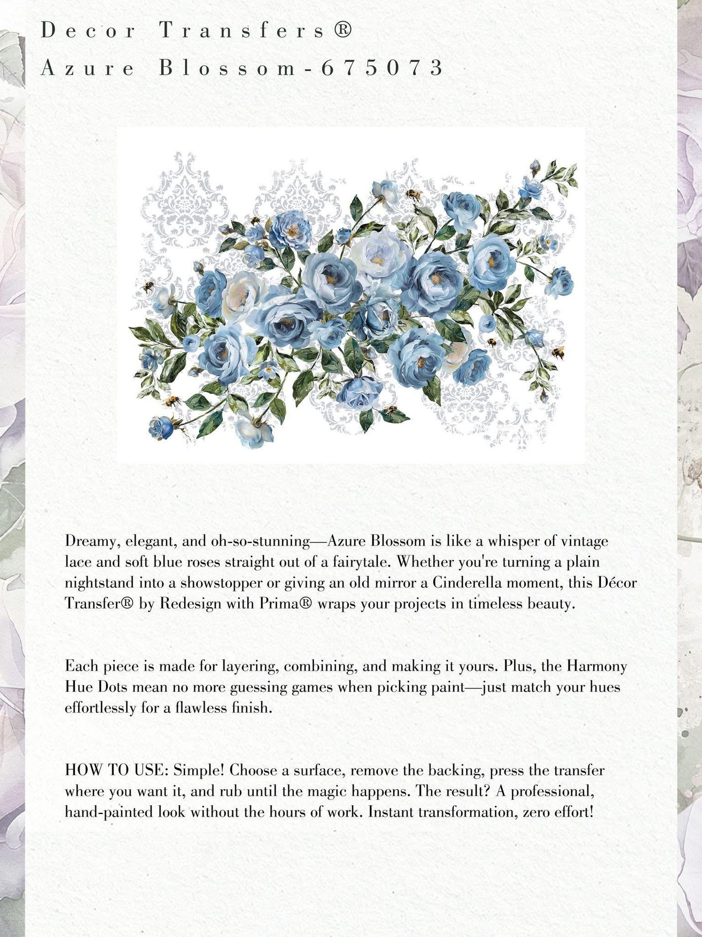Large Decor Transfers® - Azure Blossom |4 sheets, 24”x35” | Redesign with Prima®
