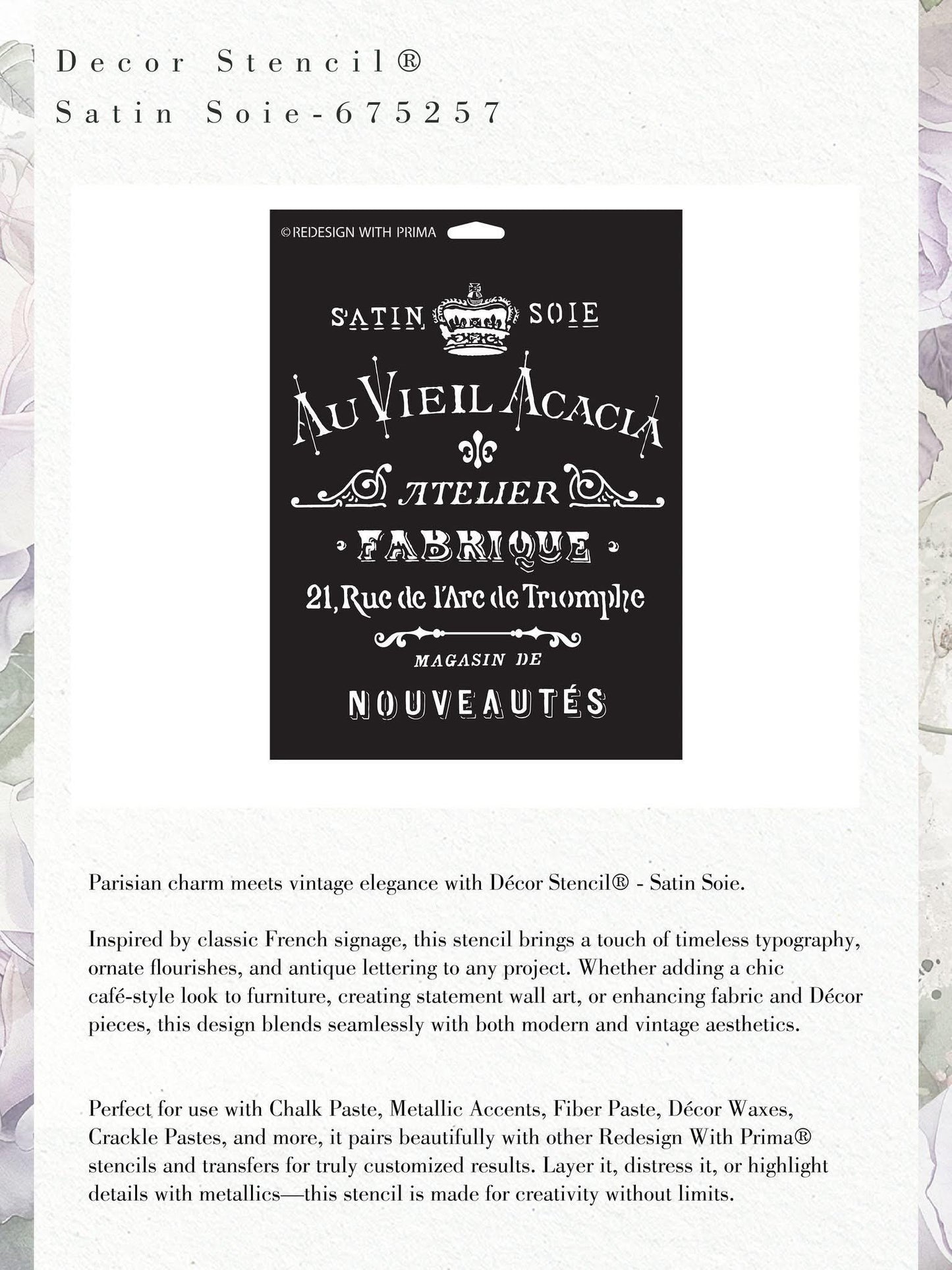 Decor Stencils® - Satin Soie | 1 pc-9”x12” | Redesign with Prima