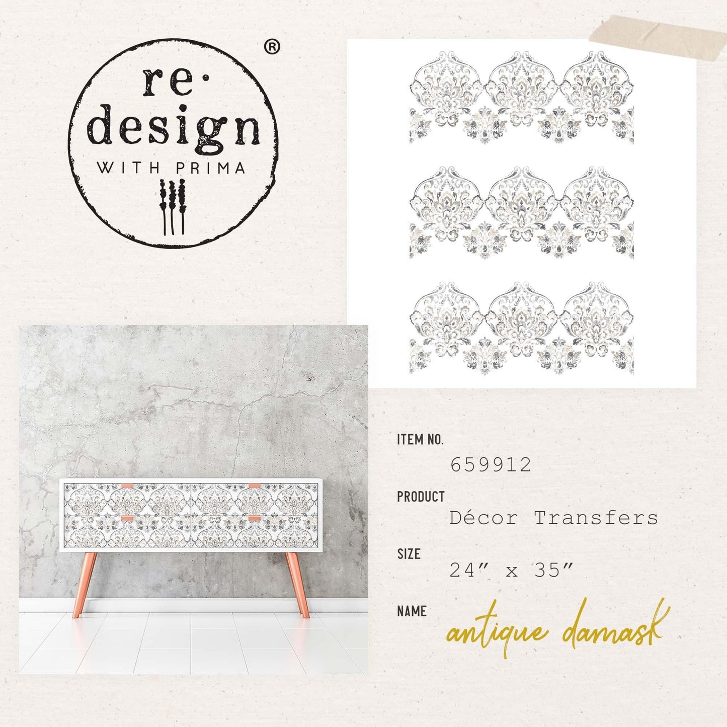 Large Decor Transfers® - Antique Damask | 24” x 35”, 2 sheets | Reduced Price | Redesign with Prima