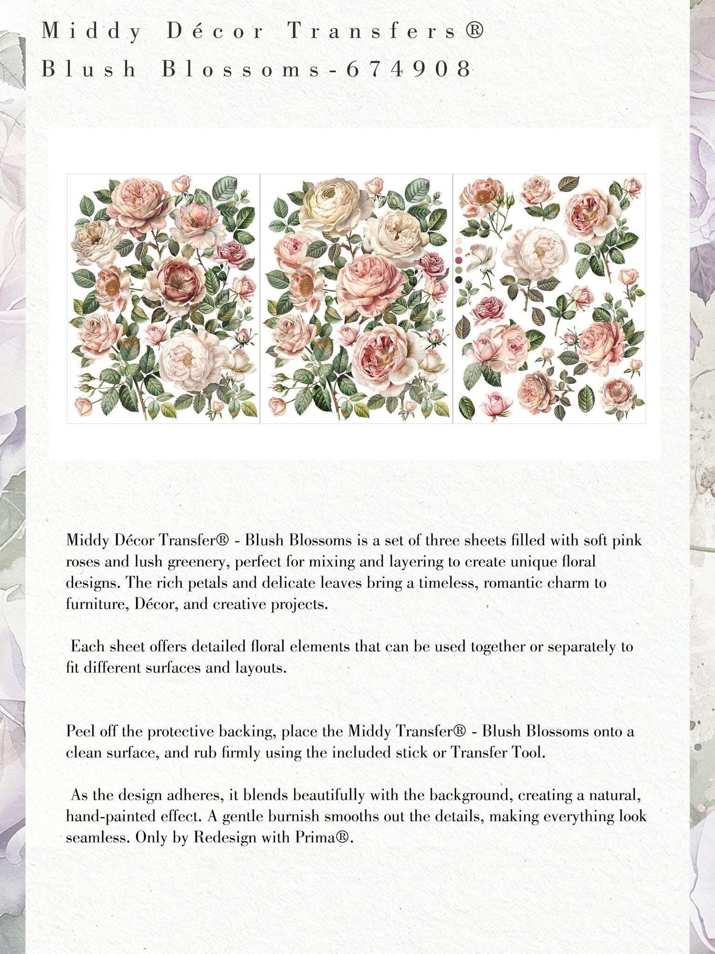 Middy Decor Transfers® - Blush Blossoms | 3 sheets, 8.5”x11” | Redesign with Prima®