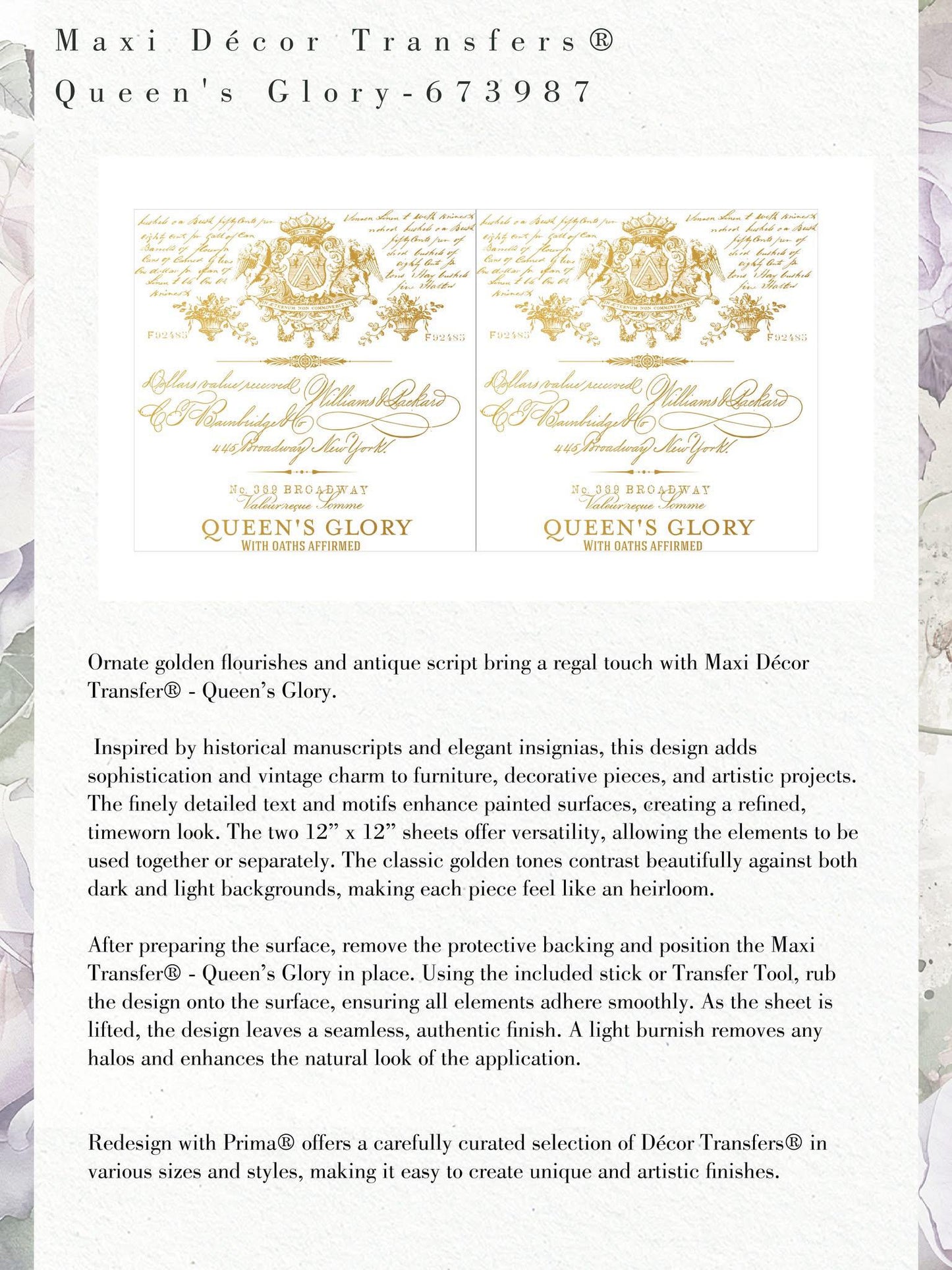 Maxi Decor Transfer® - Queen’s Glory | 12”x12” | Redesign with Prima®