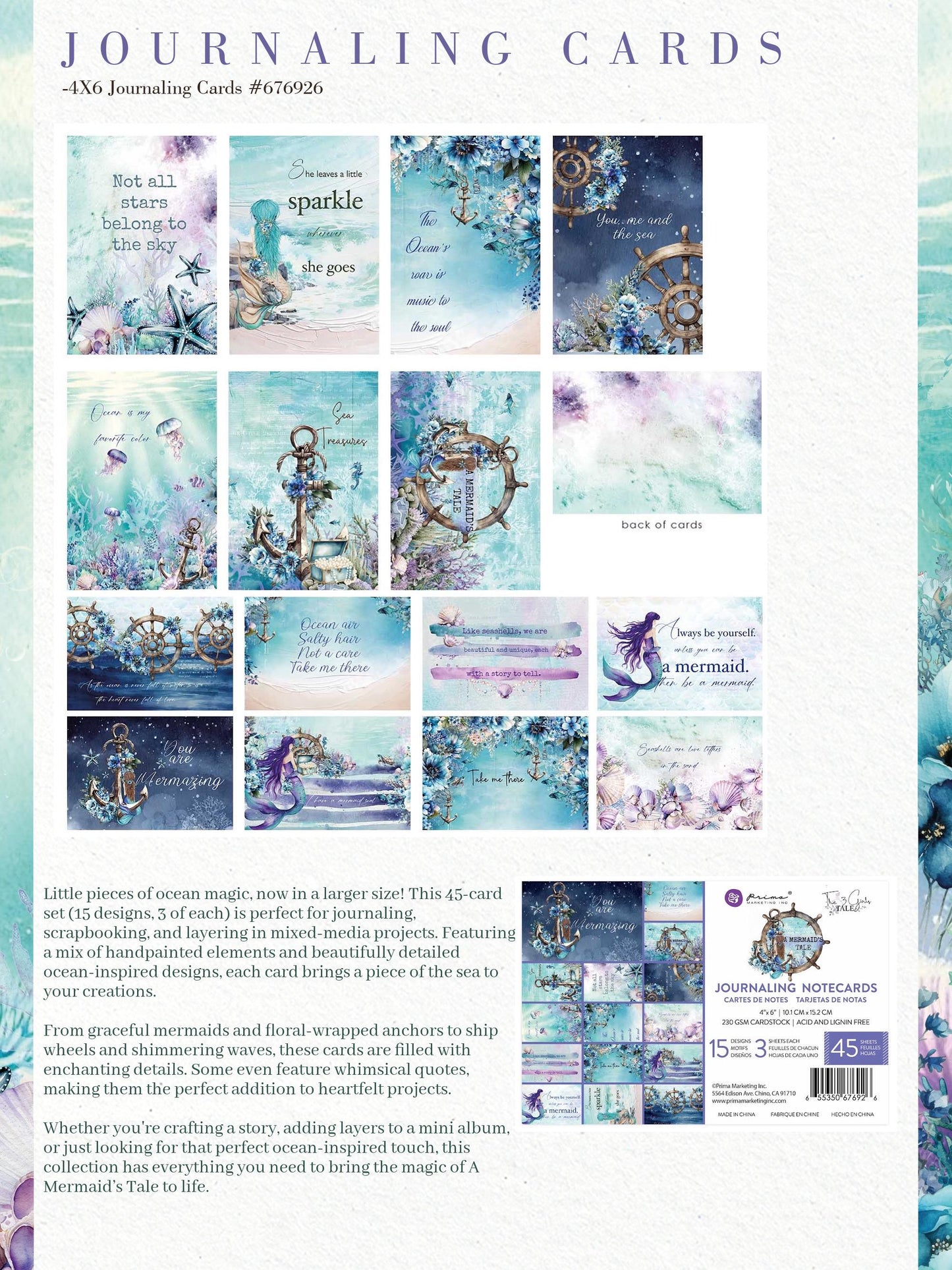 A Mermaid's Tale Collection Journaling Cards, 4”x6”, 45 pcs | Prima Marketing Inc