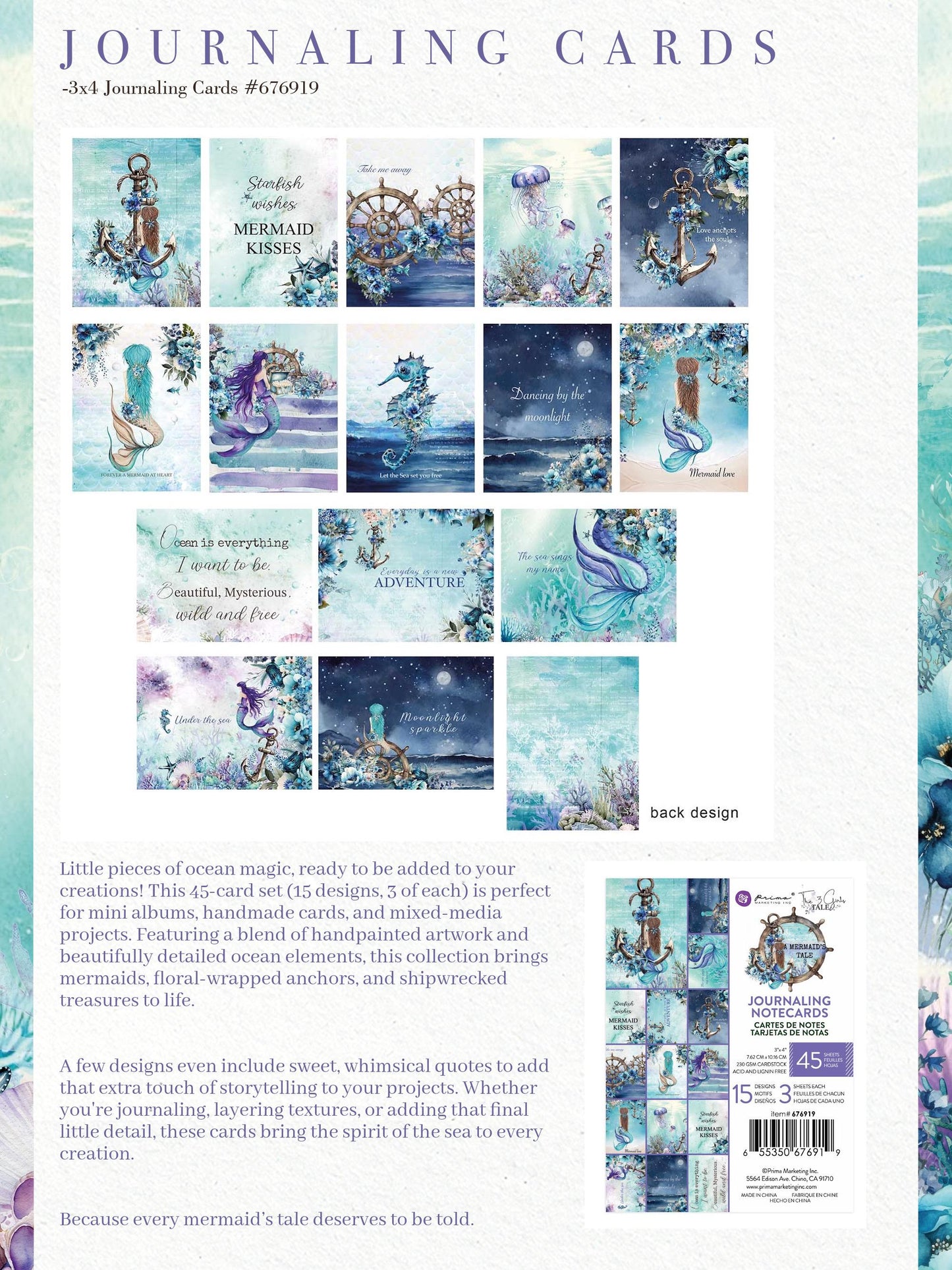 A Mermaid’s Tale Collection Journaling Cards, 3”x4”, 45 pc | Prima Marketing Inc