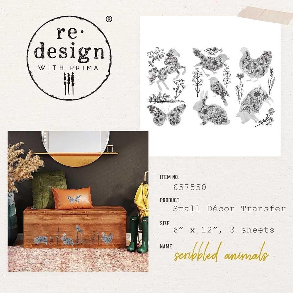 Mini Decor Transfers® - Scribbled Animals | 3 pc, 6”x12” | ReDesign with Prima