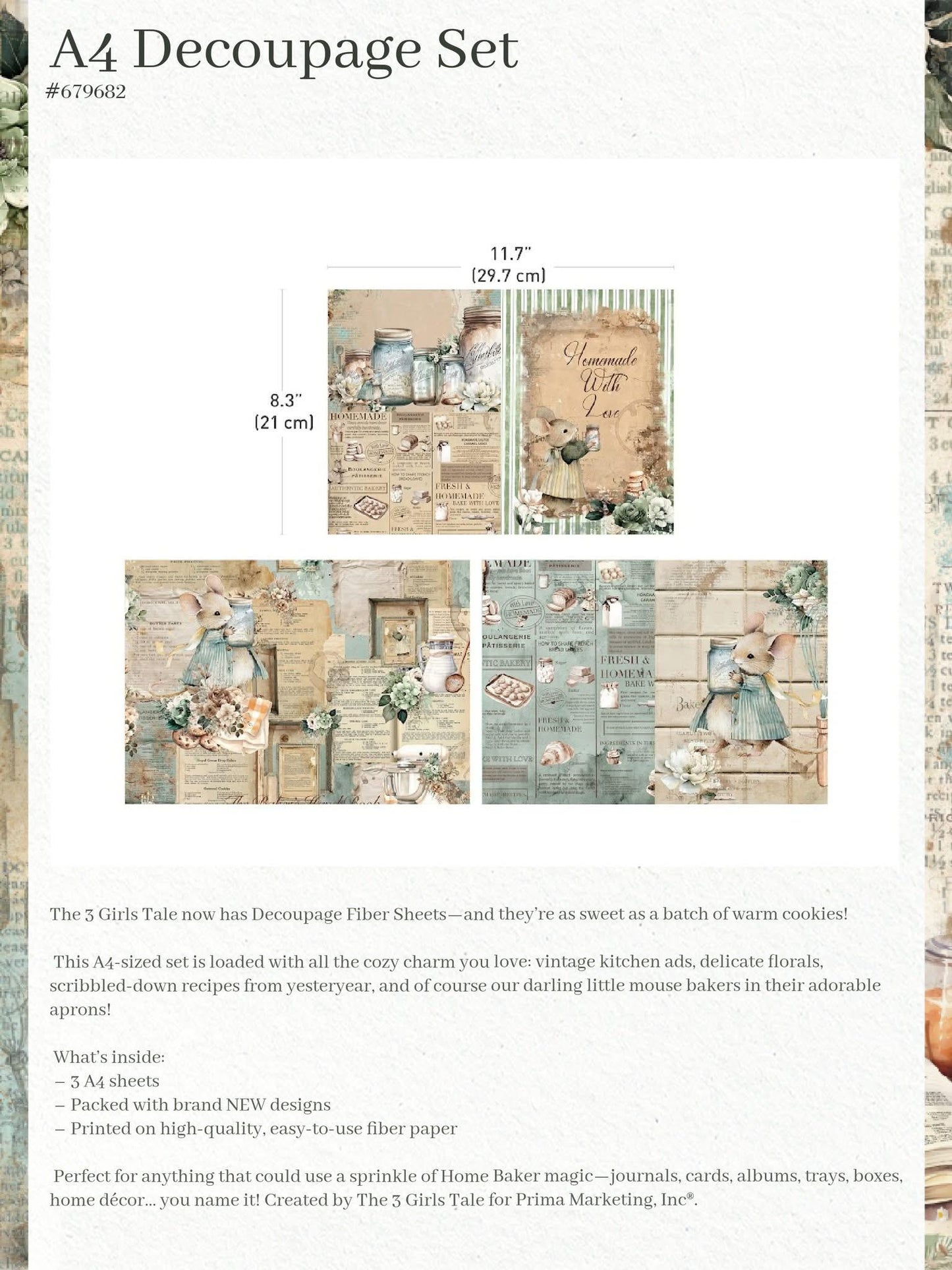 A4 Decoupage Fiber - Home Baker Collection | 3 sheets, 8.3"x11.7" | Prima Marketing, Inc.