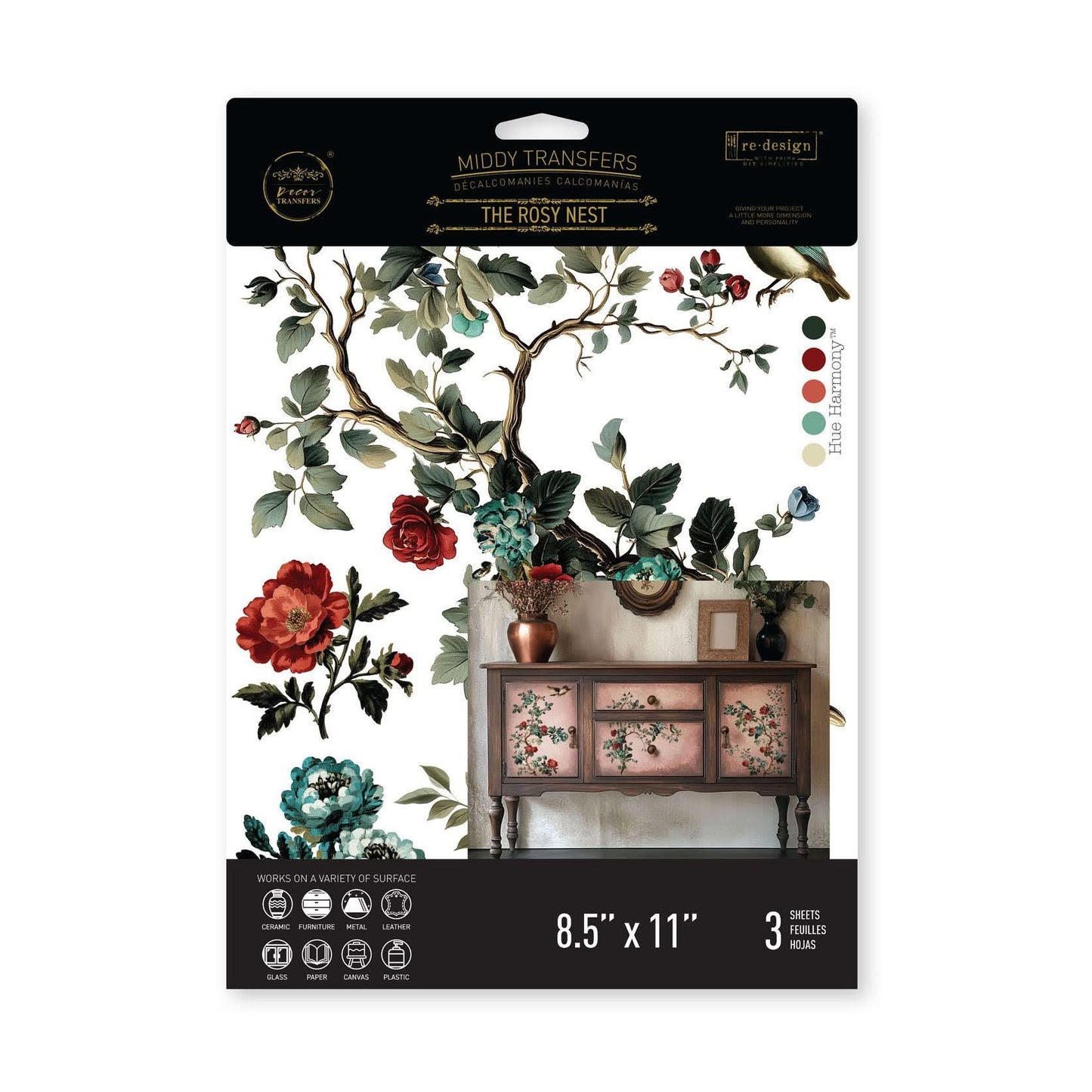 Middy Decor Transfers® - The Rosy Nest | 3 sheets, 8.5x11 | Redesign with Prima