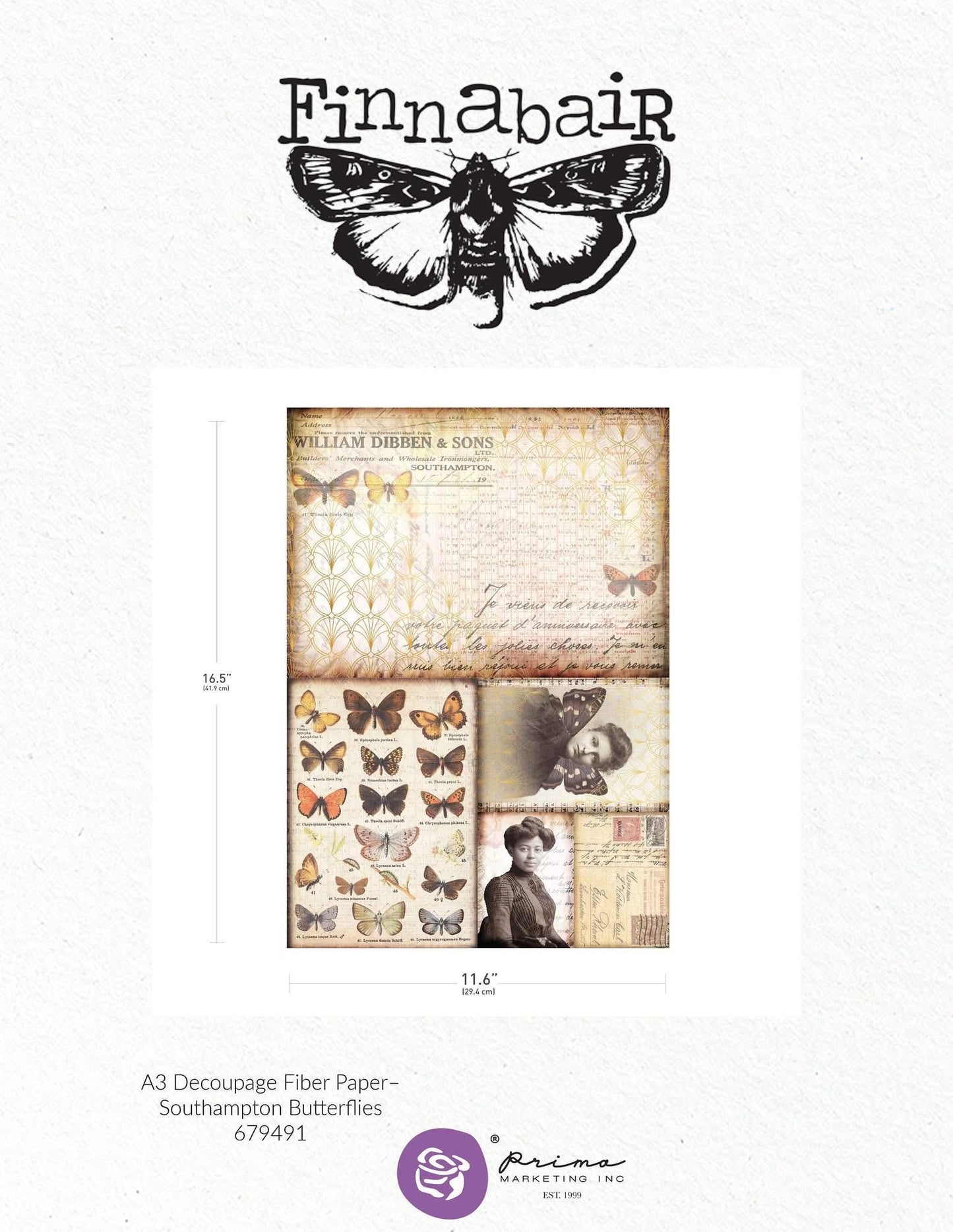 A3 Decoupage Fiber - Southhampton Butterflies | 11.7"x16.5" | Finnabair | Redesign with Prima