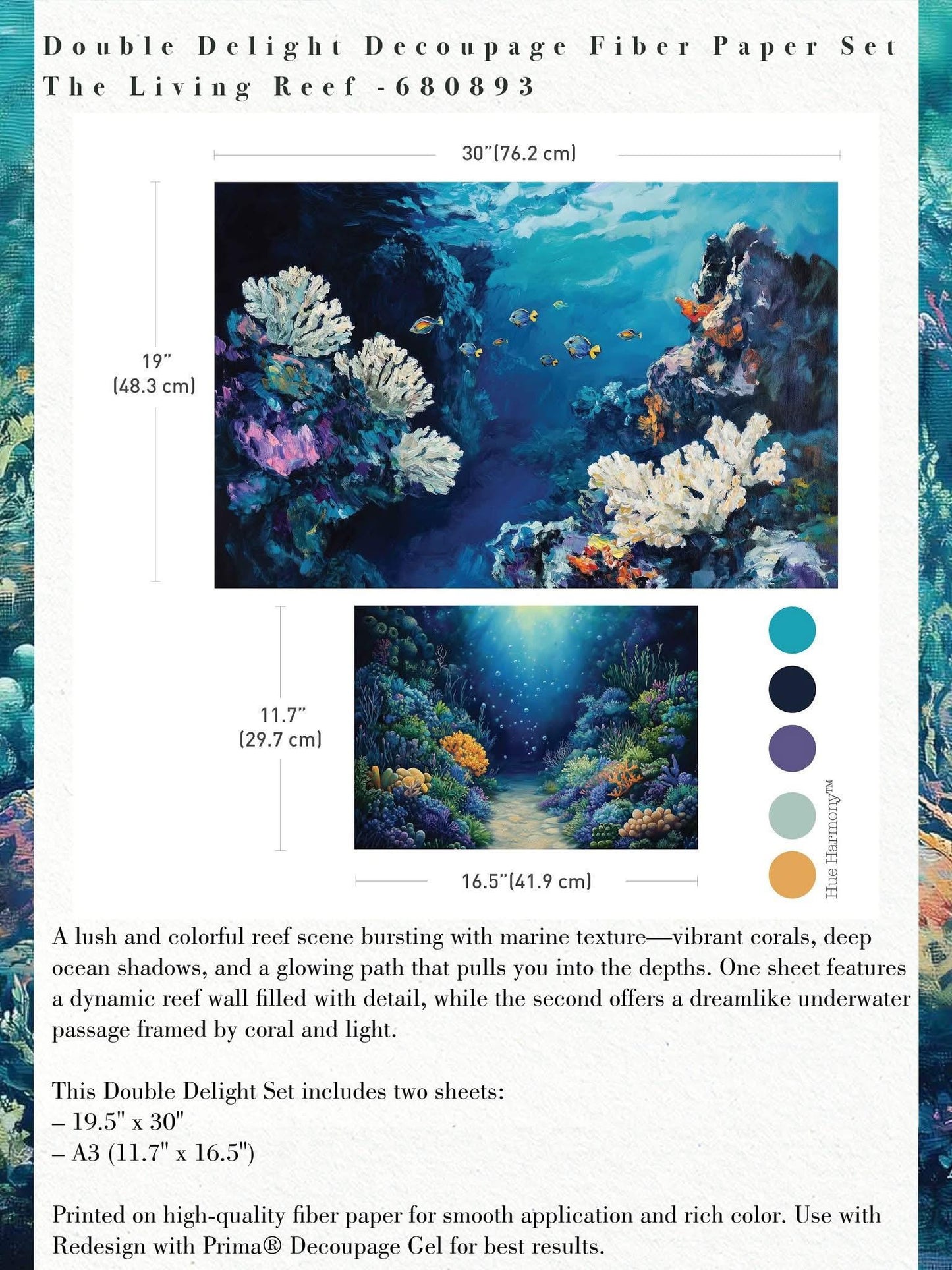 Double Delight Decoupage Fiber Paper Set - The Living Reef | 2 sizes-19”x30, 11.7"x16.5" | Redesign with Prima