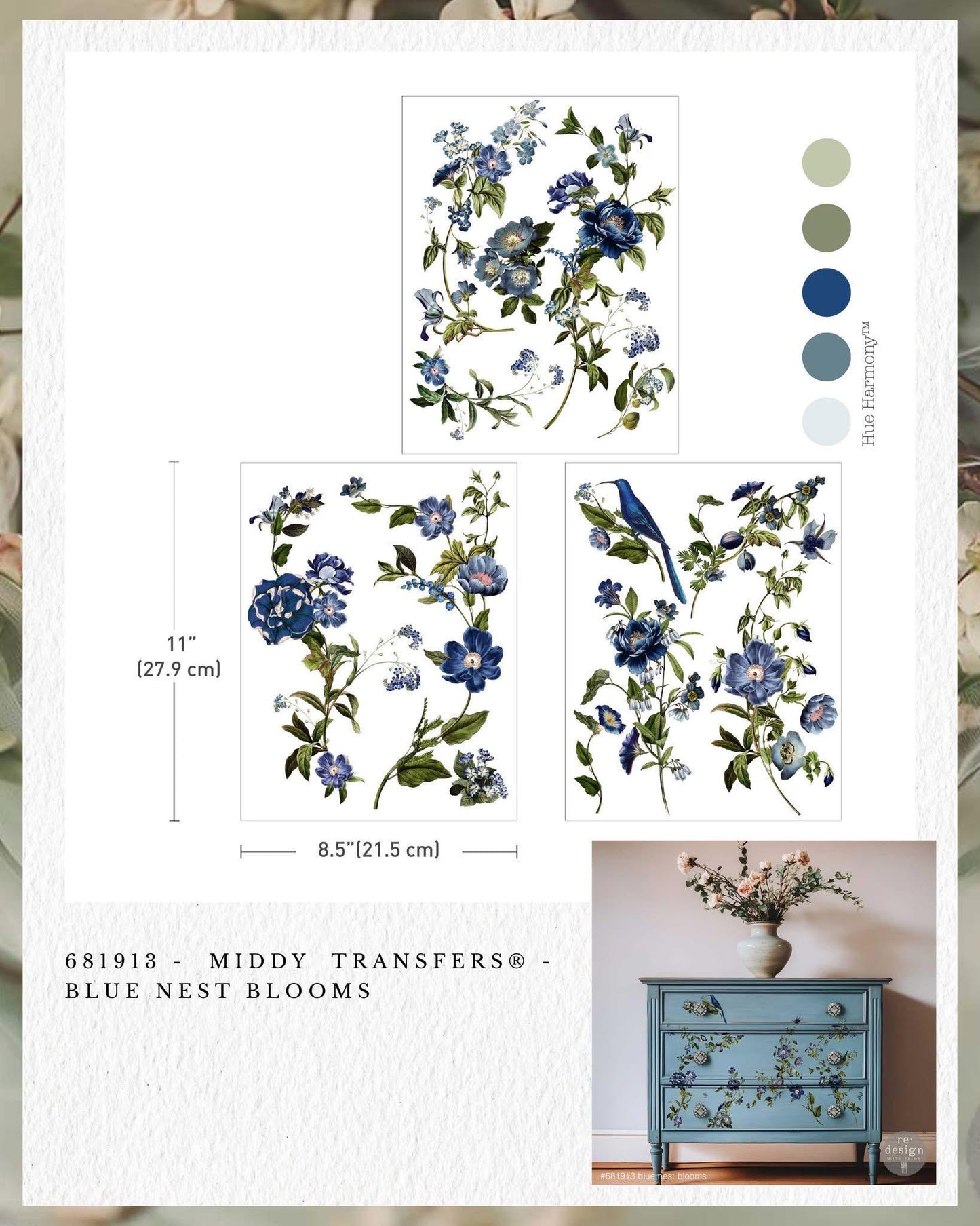 Middy Decor Transfers® - Blue Nest Blooms | 3 sheets, 8.5 x 11” |  | Redesign with Prima