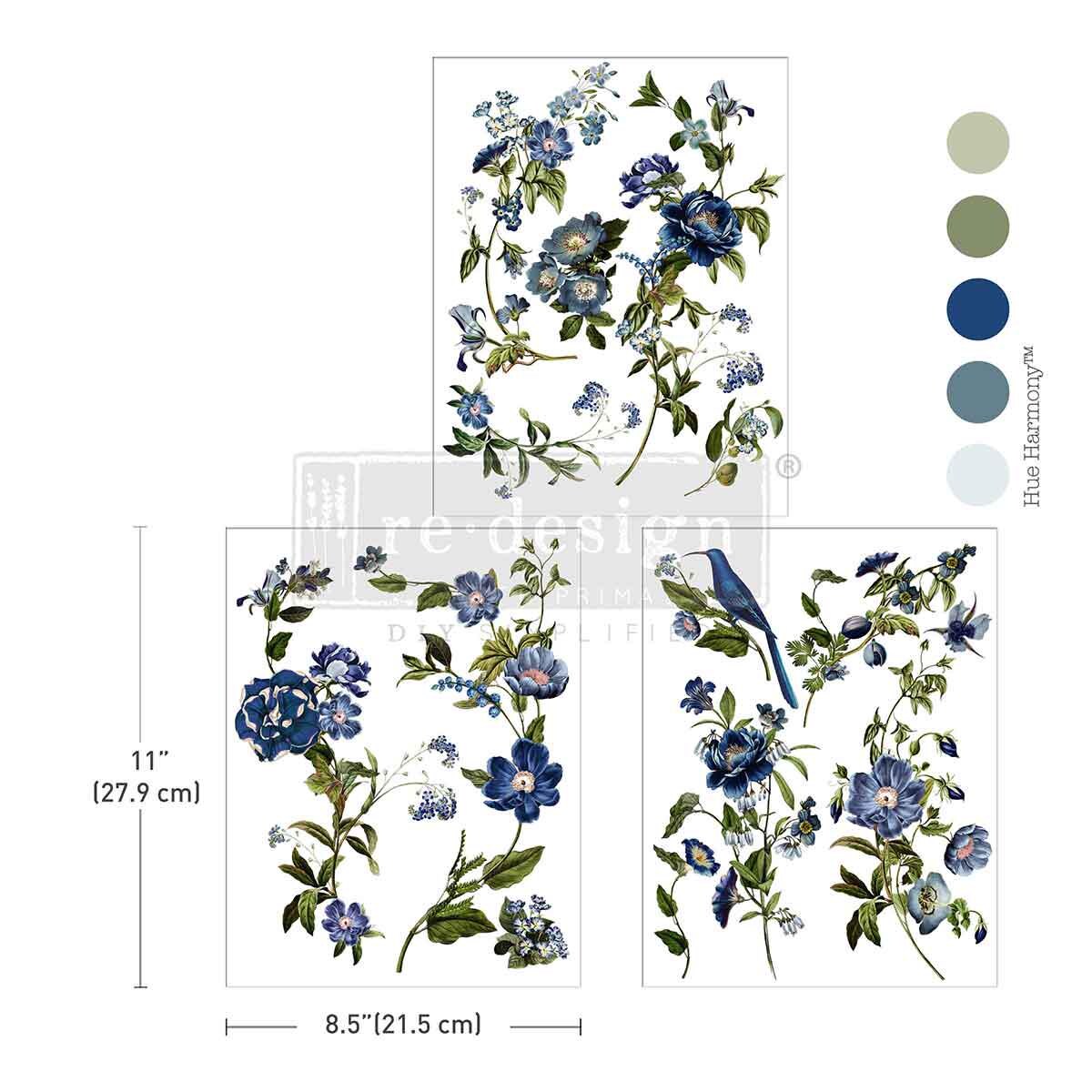 Middy Decor Transfers® - Blue Nest Blooms | 3 sheets, 8.5 x 11” |  | Redesign with Prima