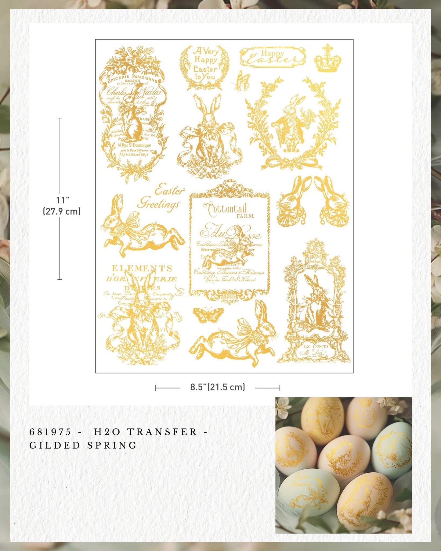 Gilded Spring H2O Transfers  | 8.5"x11"-1 sheet | Gold Easter | Redesign with Prima