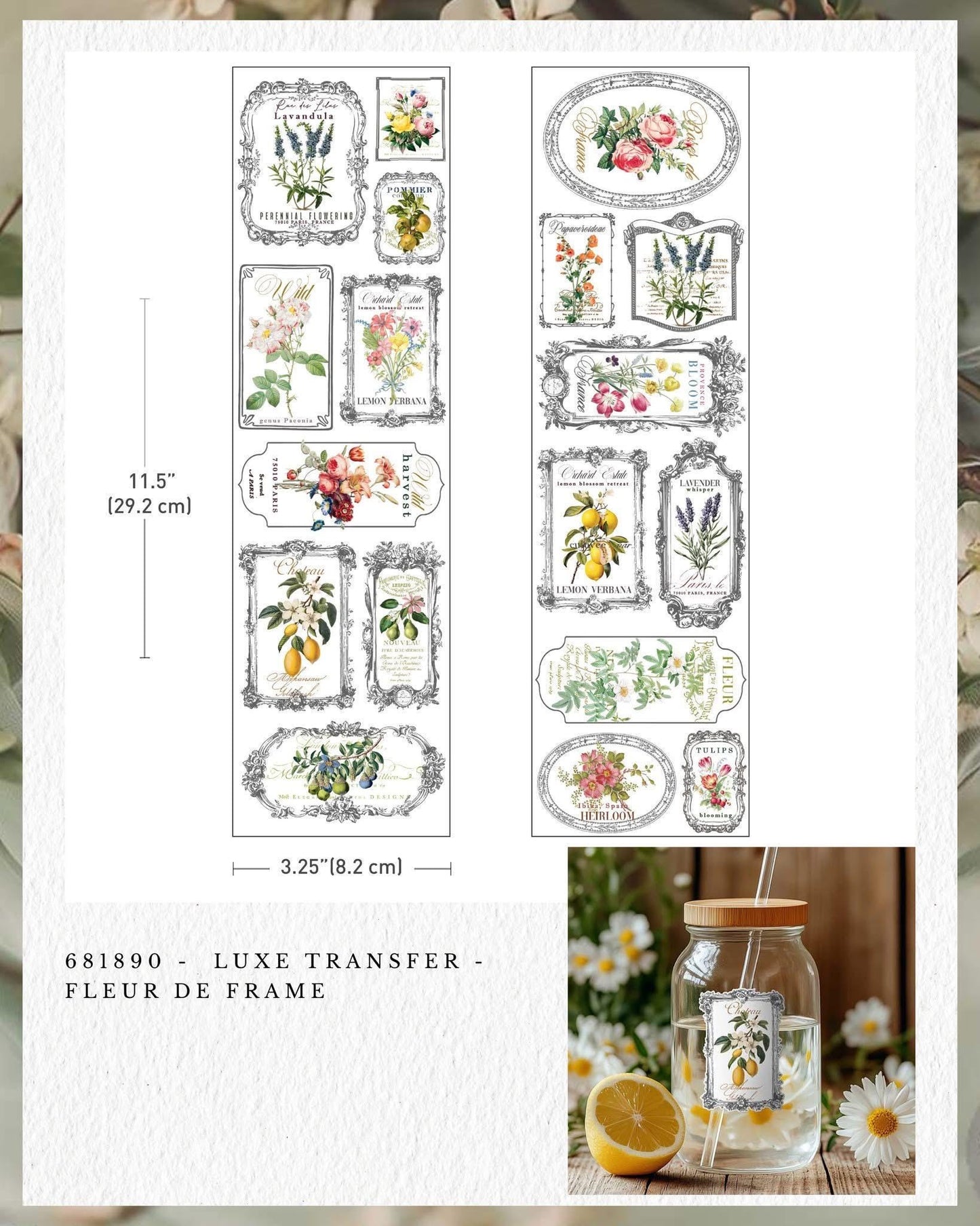 Luxe Transfers - Fleur de Frame  | 3.25"x11.5"-2 sheets | Botanical Labels | Redesign with Prima