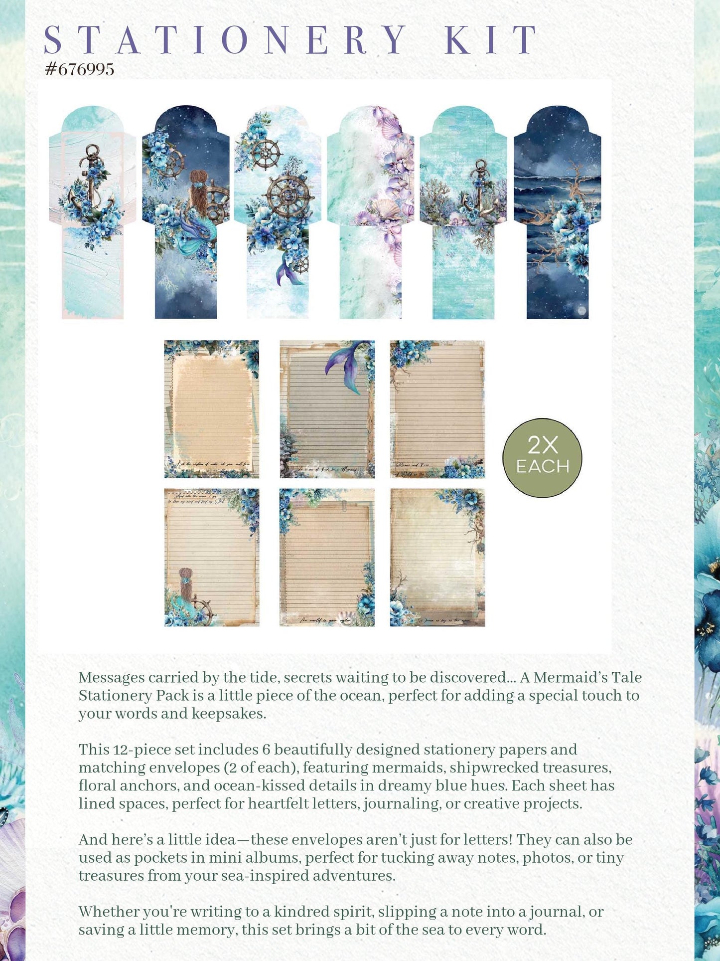 A Mermaid's Tale Collection Stationery Kit  | Scrapbooking | 12 Postcards/12 Envelopes | 3 Girls Tale | Prima Marketing, Inc.
